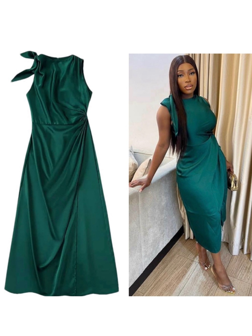 ZARA Emerald Green Satin-Effect Asymmetric Midi Cocktail Dress S